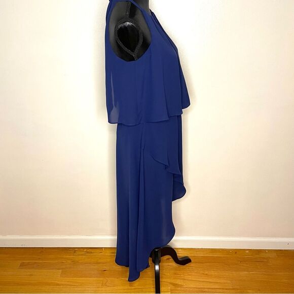 Saks Fifth Avenue Dress Halter High Low Sleeveless Chiffon Flowy Drapey Blue 6 - Picture 3 of 10